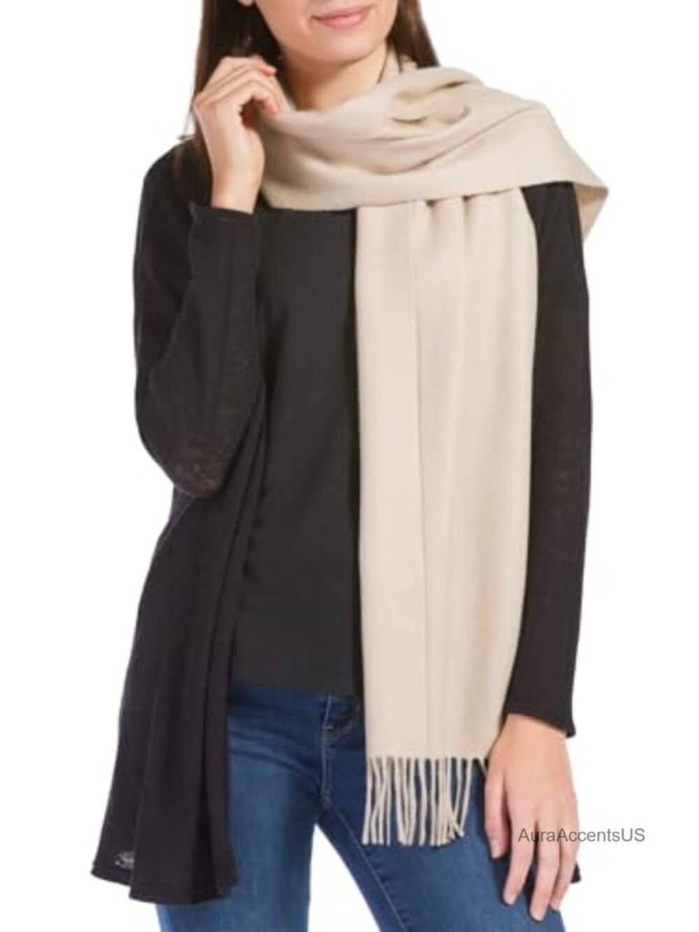 100% Pure Cashmere Winter Scarf Fringe Herringbone Cold Weather Wrap